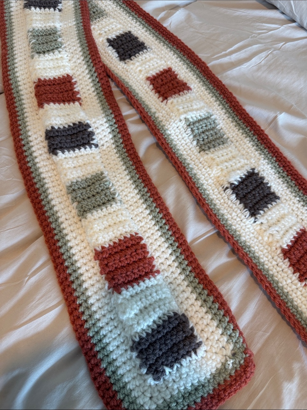 Handmade Crochet Scarf with Ivory, Rust, Sage & Charcoal Squares